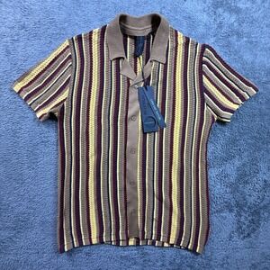 Soul Star England Men M Retro Striped Button Up Polo Shirt Open Knit Cotton NWT